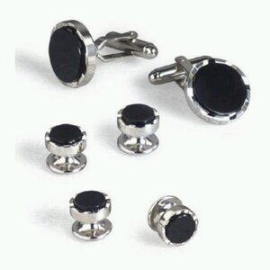Genuine Onyx Stone Castle Top Setting Silver Links & Studs